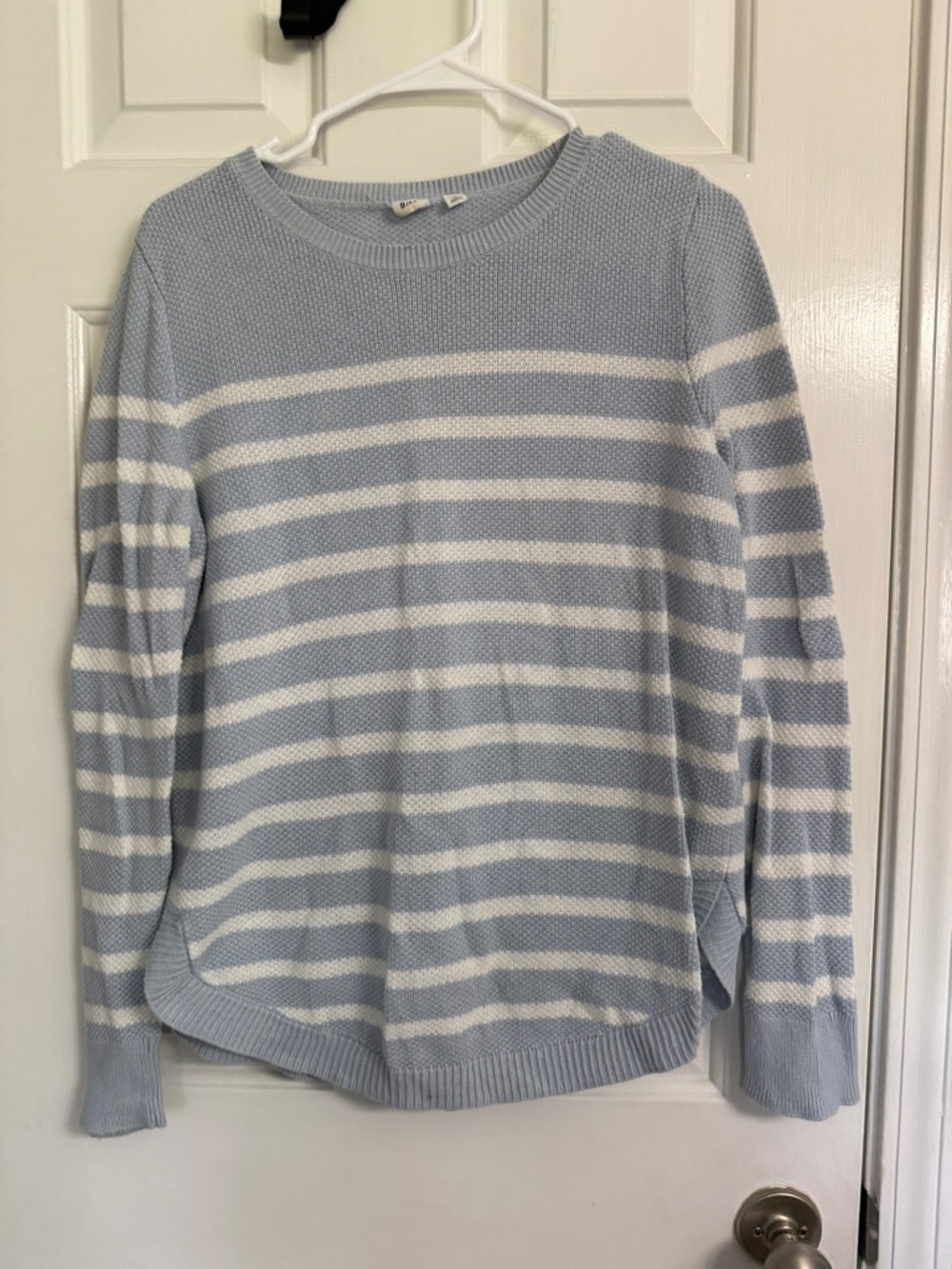 GAP Light Blue and White Striped Crewneck Sweater